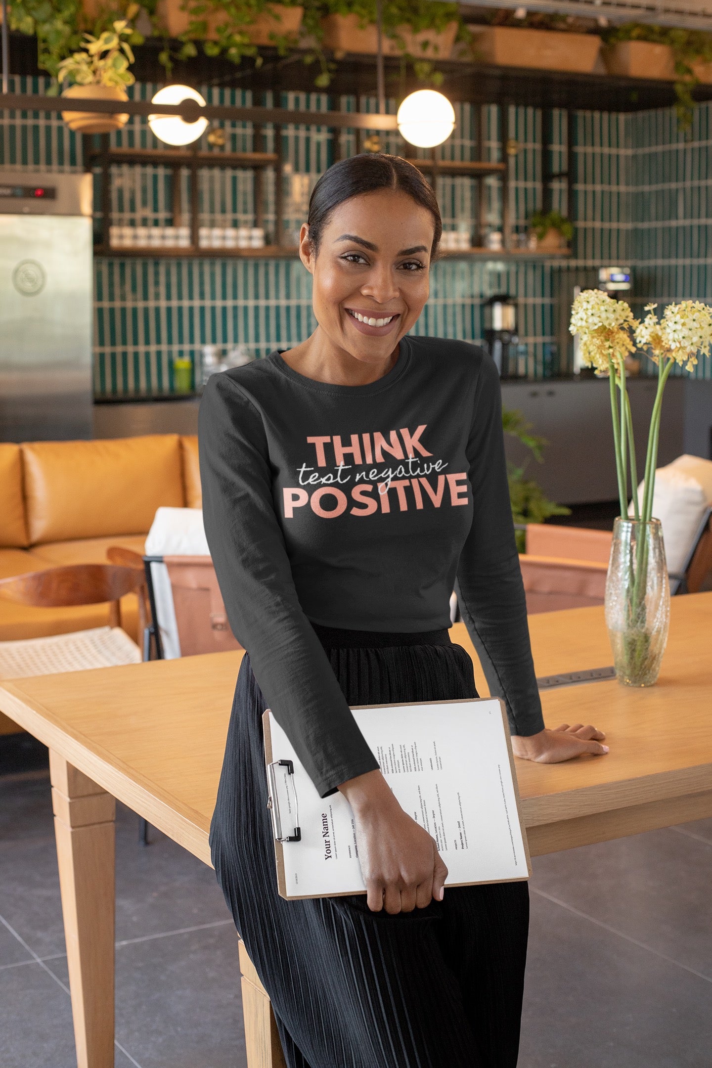 Think Positive Test Negative Long Sleeve T Shirt on black business woman