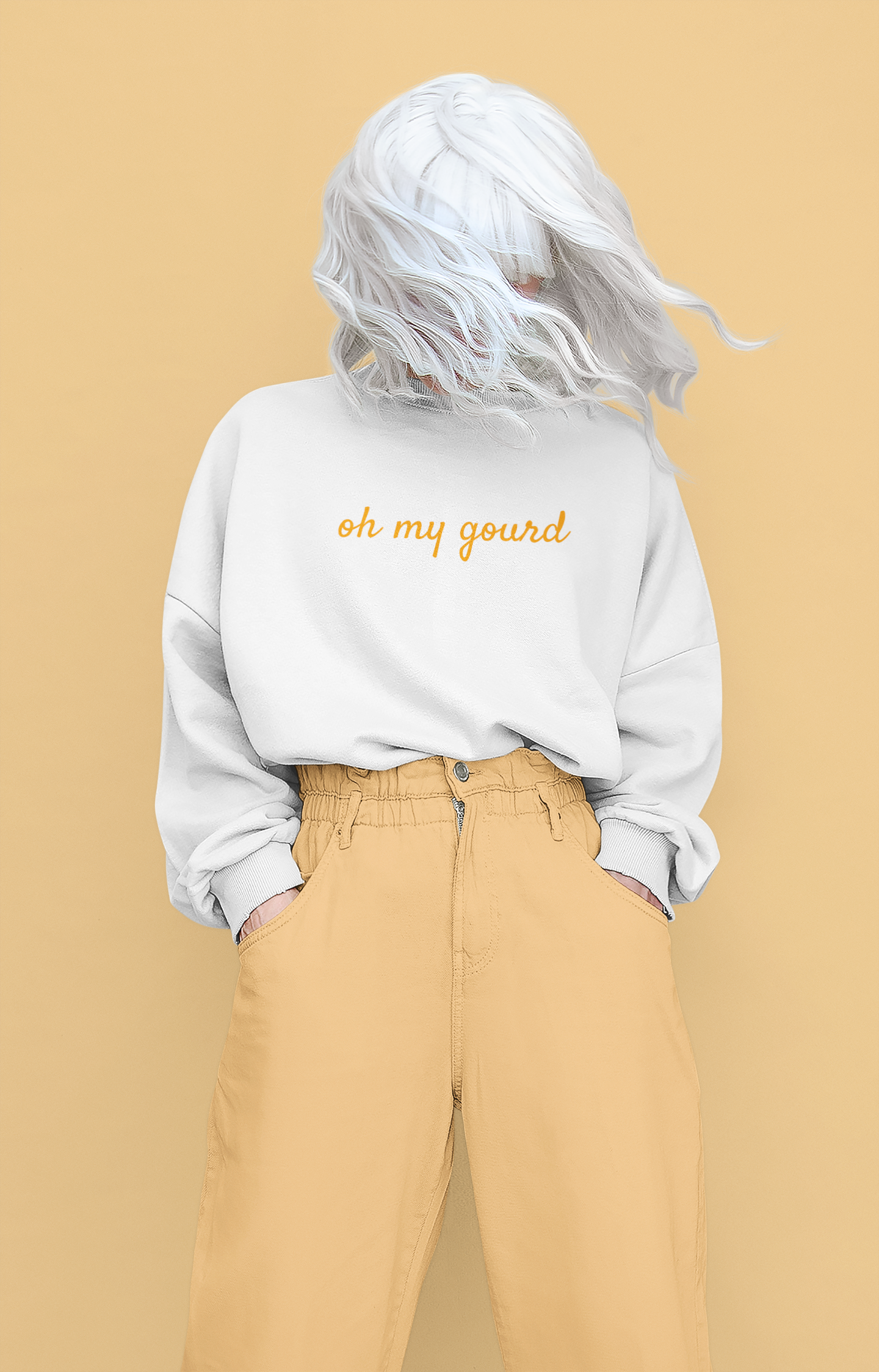 OMG Oh My Gourd Sweatshirt White Crewneck on White Influencer Model